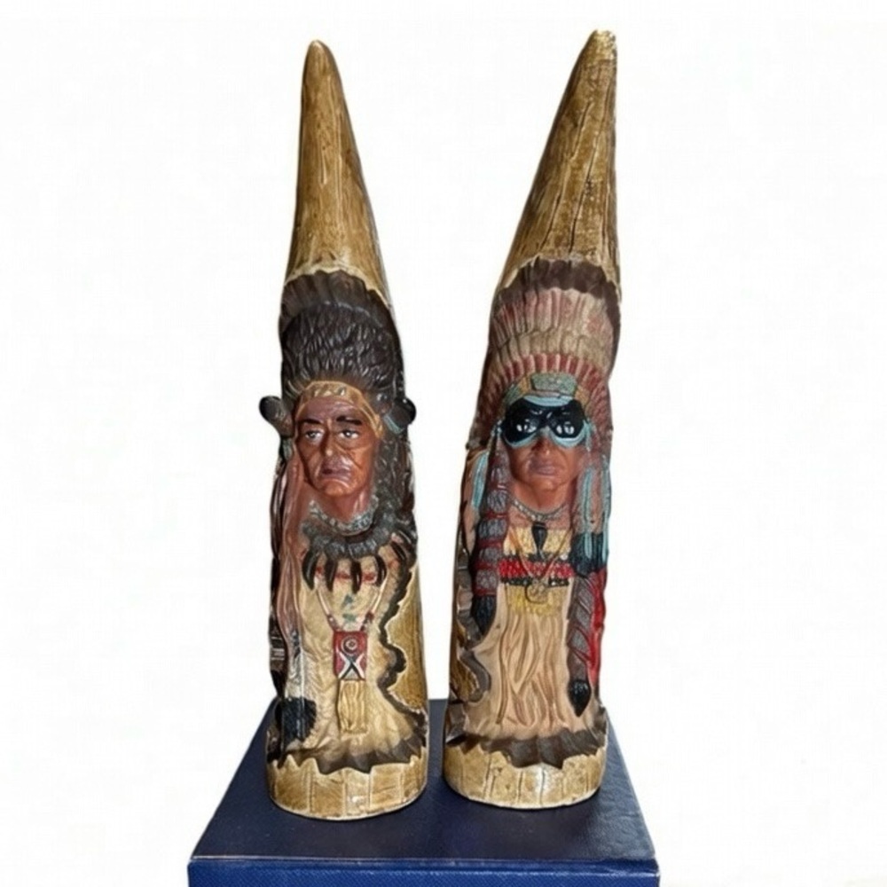 VTG ~ Set of 2 Handcrafted & painted 7” Horn Poly Stone Tribal Chief Sculptures